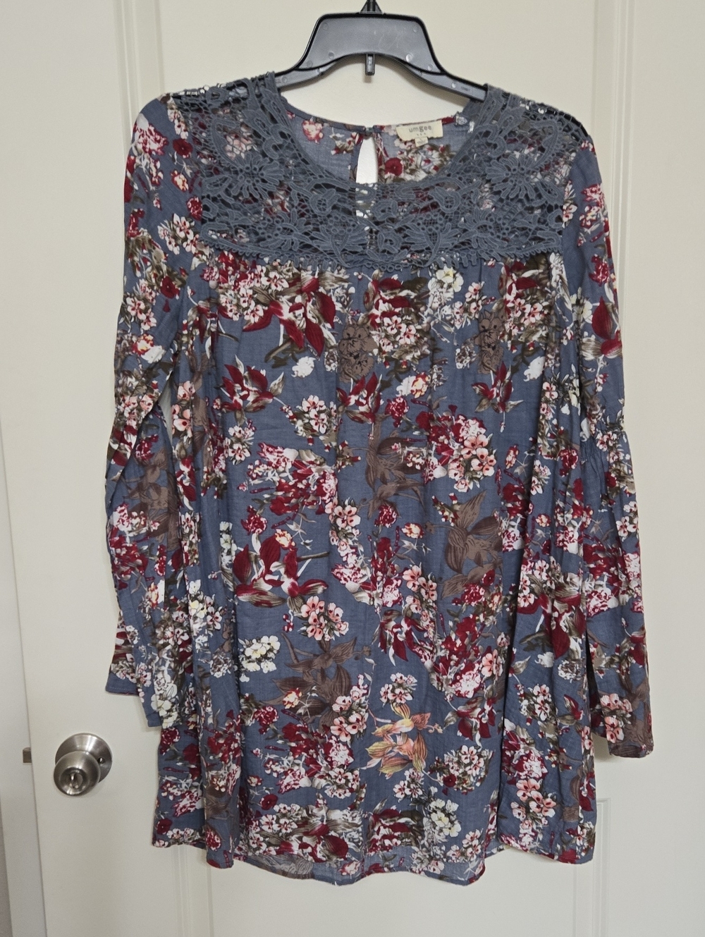 Umgee Blue Floral Crochet Dress with Burgundy and Brown Accents
